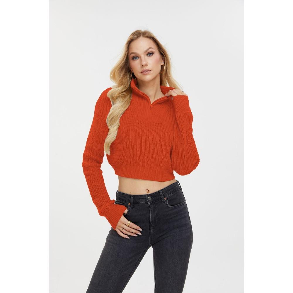 Однотонный свитер на молнии для женщин на осень и зиму, облегающий пуловер с V-образным вырезом и длинными рукавами