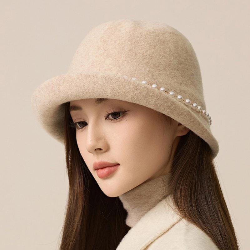 Pearl Wool Top Hat Women's Dome Hat Autumn Winter Warm Bucket Hat