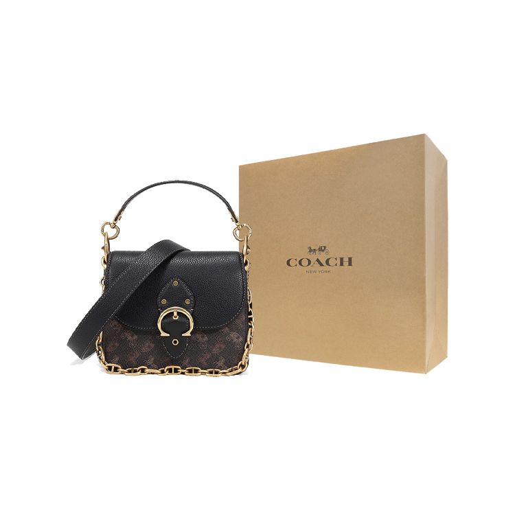 Coach Beat 18 Horse And Carriage Pattern Printed Chain Coated Canvas Leather Square Handbag Women handbag Truffle-Black 4603-B4SI1