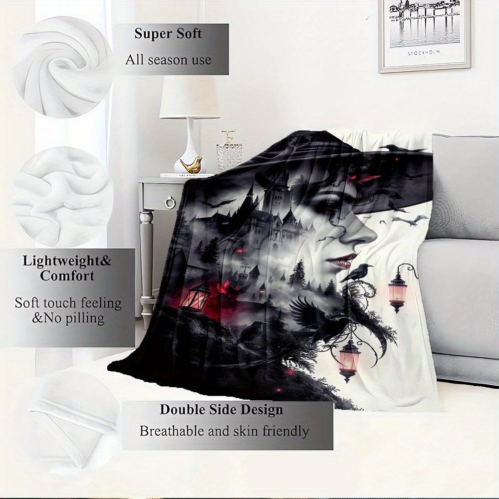 For Witch,Castle,Ravens-Themed Flannel Blanket, Glam Style, Digital Print, All-Season Comfort, Tear-Resistant, Knitted Craftsmanship, Polyes