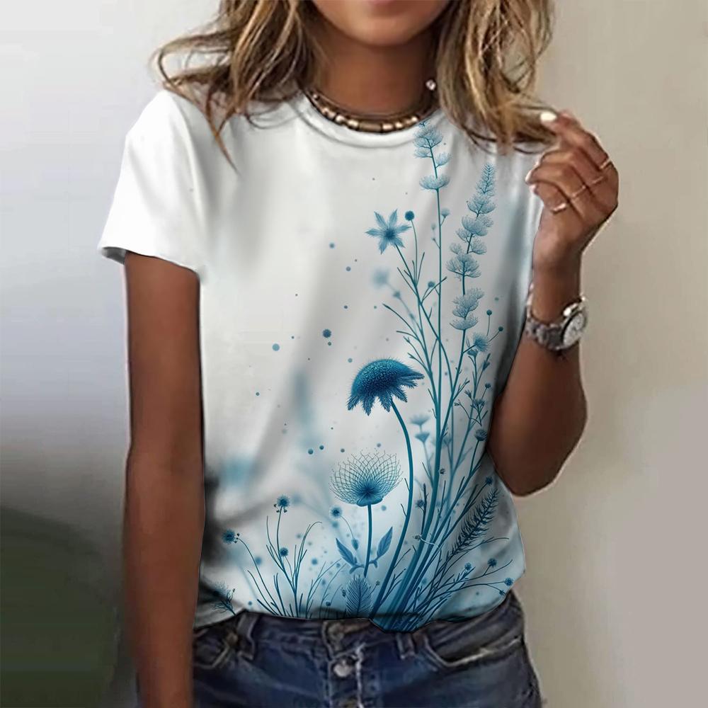2025 New Summer Temperament Women's Floral Blue Printed Women's T-shirt Round Neck Short Sleeve Street Casual Daily Basic Tops