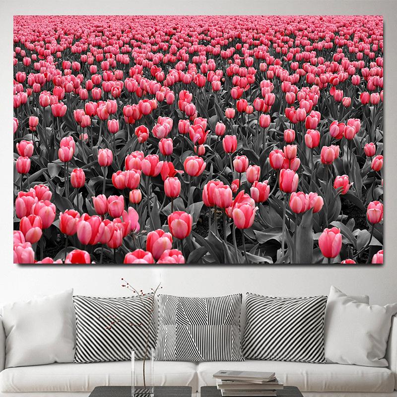 Красные поля тюльпанов, настенные картины, холст, живопись, цветочные полевые постеры и принты, цветочный пейзаж, настенное искусство для декора гостиной