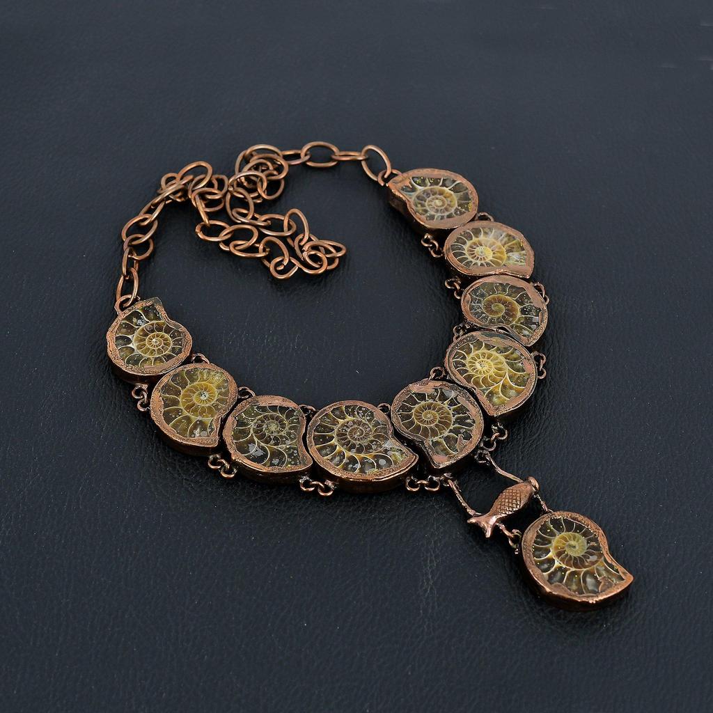 Ammonite Fossil Copper Electroformed Necklace with Adjustable Chain, Handmade Gemstone Jewelry Necklace For Memorial Day