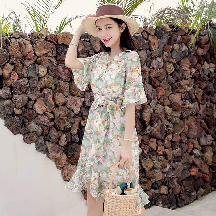 Женское шифоновое платье с v-образным вырезом и принтом, облегающие пляжные платья трапециевидной формы, пляжная юбка средней длины