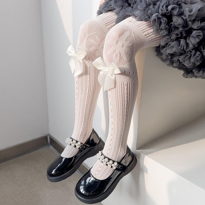 Детские колготки для девочек однотонные с кружевным бантом и ажурными вырезами для детей, милые тонкие дышащие леггинсы, летние, милые чулки