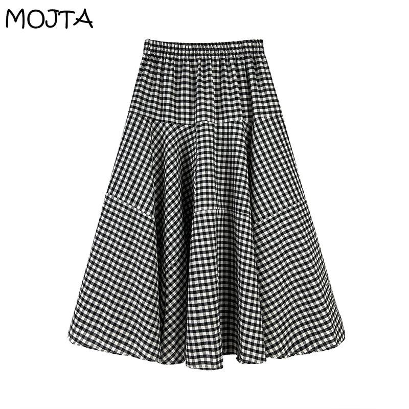 Plus Size Spring Summer Women's High Waist Casual Cotton Vintage Plaid Skirt Mid-length A-line Hip Skirt
