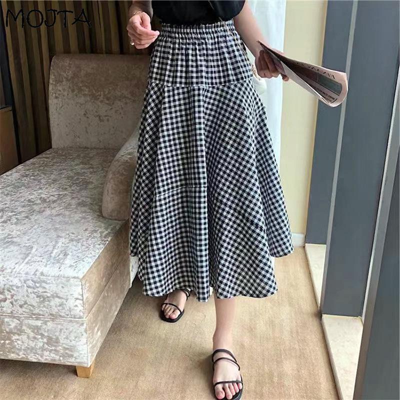 Plus Size Spring Summer Women's High Waist Casual Cotton Vintage Plaid Skirt Mid-length A-line Hip Skirt