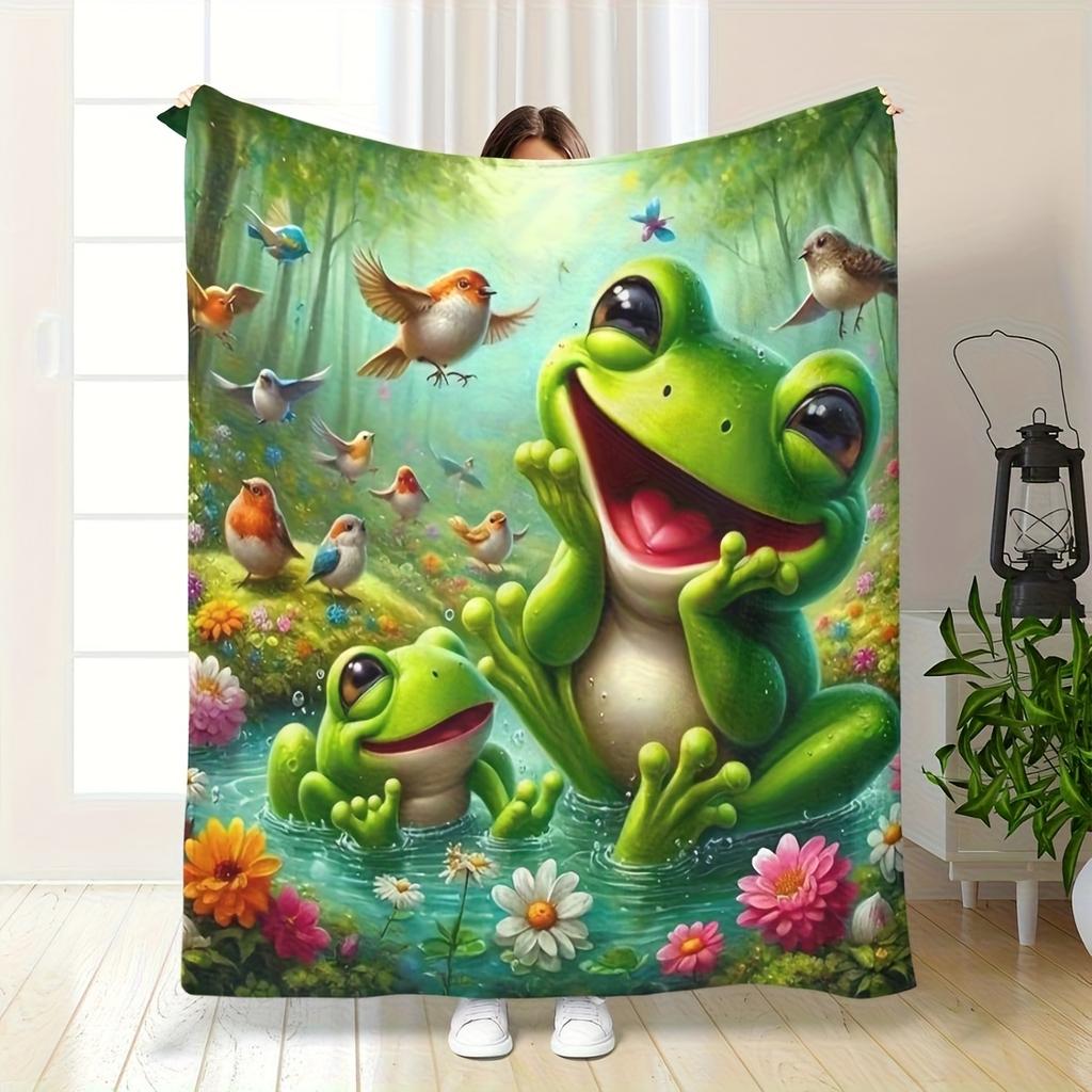 Peacock and Frog Pattern Flannel printed blanket suitable for all seasons suitable for living room office sofa and travel