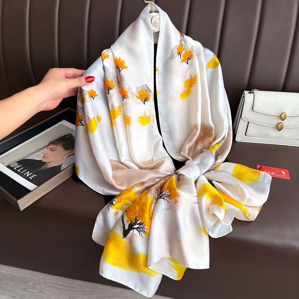 Long Silk Scarf Spring and Summer Thin Style Printed Scarf Beautiful Brocade Lotus Shawl Imitation Silk Scarf Gauze Scarf