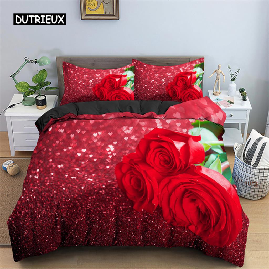 Комплект постельного белья Rose Duvet Set из микрофибры Pink Heart Rose Romantic Flower Tema Комплект постельного белья для влюбленных Double Queen King Size Покрывало для пододеяльника