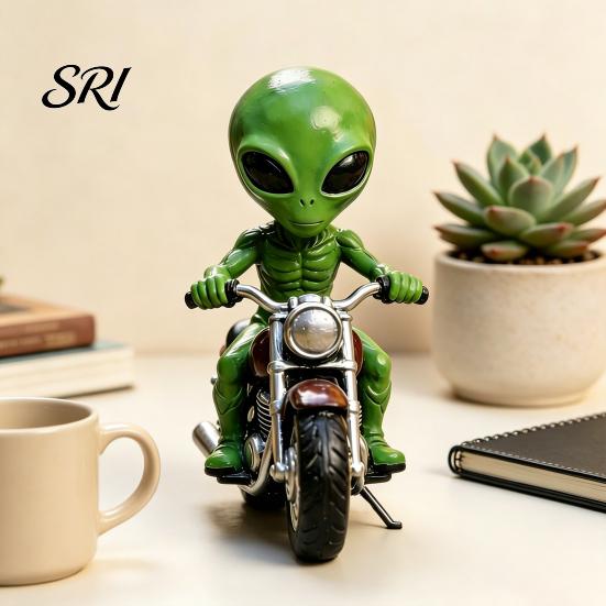 Colorful Resin Garden Statue Alien Gnome Statue, Sitting on Motorcycle Decorative Ornament, Indoor Tabletop Decoration Waterproof Hand-Painted