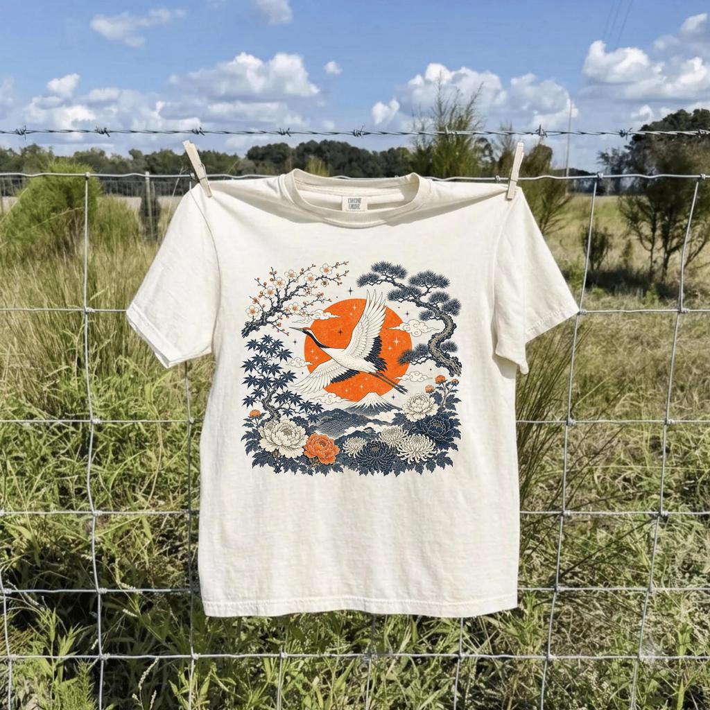 Retro Japanese Crane Crop Tee, Vintage Linocut Bird Shirt, Red Sun Naturecore Top, Folk Art Wildlife T-Shirt, Comfort Colors Boxy Crop Tee