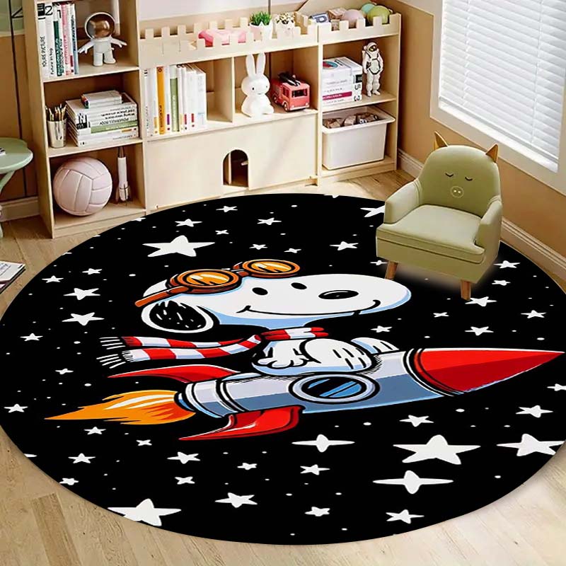 Cartoon Snoopy Round Flannel Rug Circular Non-Slip Area Rug Living Room Bedroom Floor Mat Home Textile Decoration