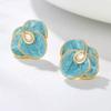 Resin Blue Camellia Flowers Stud Earrings for Women Sweet Flower Zircon Earring Jewelry Accessory