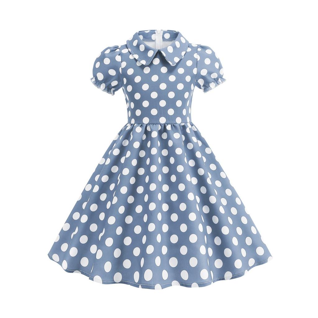 Fashion Children's Short-sleeved Polka Dot Dress With Baby Collar