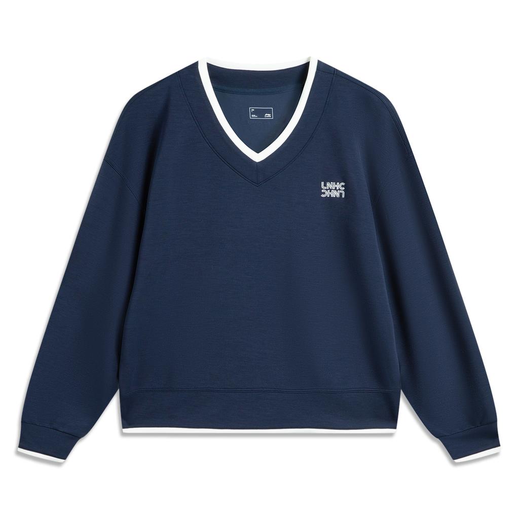 Li-Ning Comfortable Casual Simple V-Neck Pullover Loose Long Sleeve Sweatshirt Women Sweatshirt Deep-Navy-Blue AWDV886-2