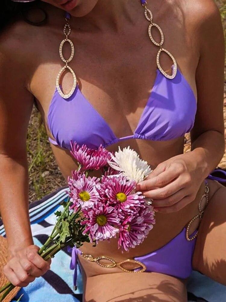 Блестящие кристаллы и бриллианты, бикини, женский бандажный купальник с лямкой на шее, женский купальник, комплект бикини со стразами, бразильский купальный костюм