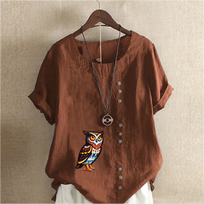 Women's Fashion Round Neck Short Sleeve T-shirt Casual Cotton Linen Graphic Shirt Leisure Loose Owl Print Prined Summer Blouse Tops