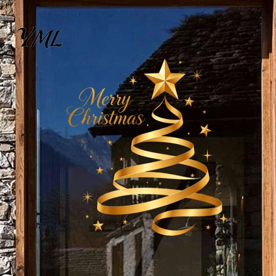 Seasonal Home Decoration Gold Ribbon Christmas Tree Static Cling Window Decal, Merry Glass Clings Sticker with Stars, Reusable Holiday Decor for Shop