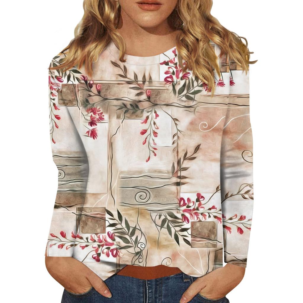 Женская модная повседневная футболка с круглым вырезом и длинным рукавом с принтом, топ