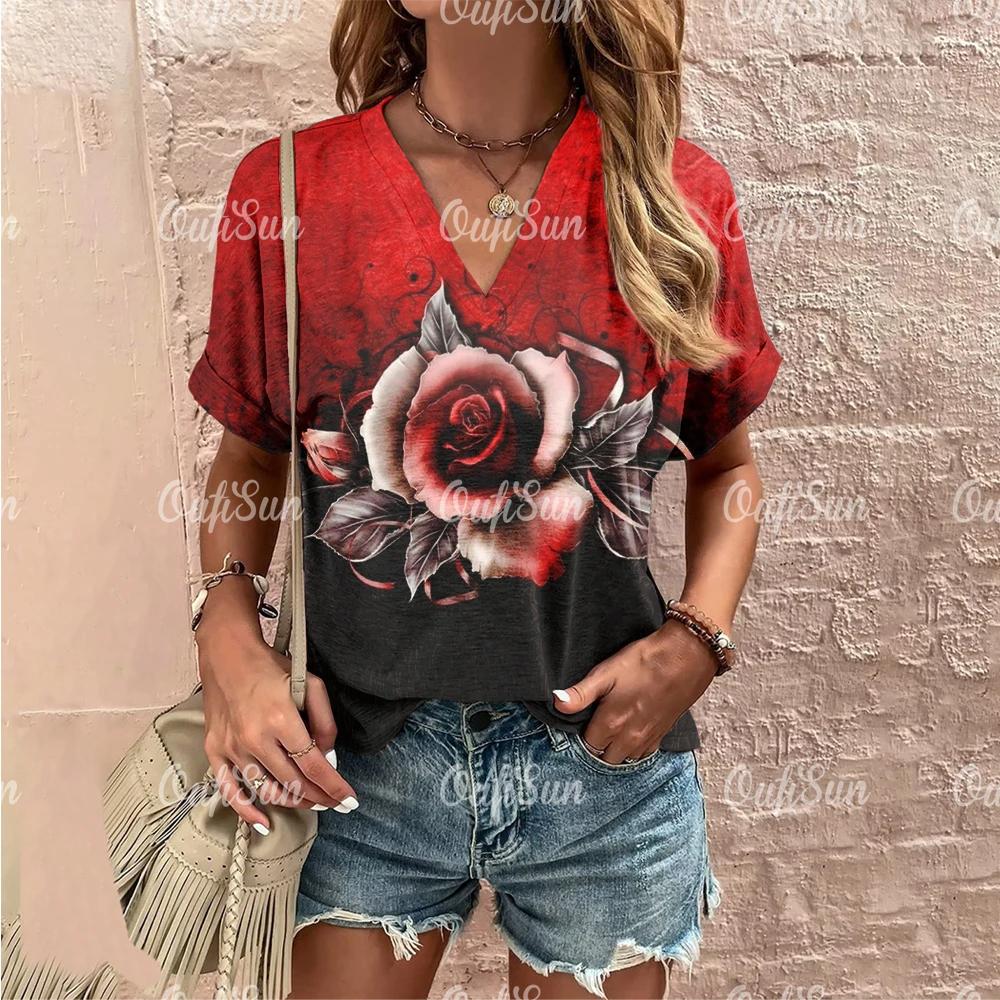 Summer Women Fashion T-shirt Vintage Floral Rose Pattern V-Neck Tops Tees Female Short Sleeve Clothing Ladies Casual Streetwear