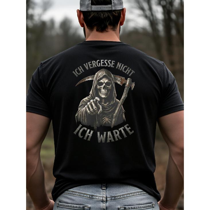 Men's black short sleeve t-shirt with grim reaper graphic, crew neck, relaxed fit, soft cotton feel, edgy skull design for casual streetwear or biker