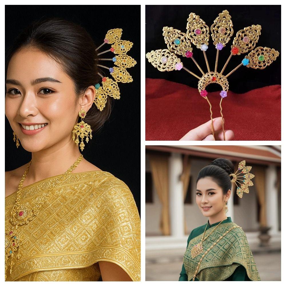 Flower Thai Hair Sticks Gold U-shaped Hair Fork Antique Ethnic Style Hair Accessories  Daily