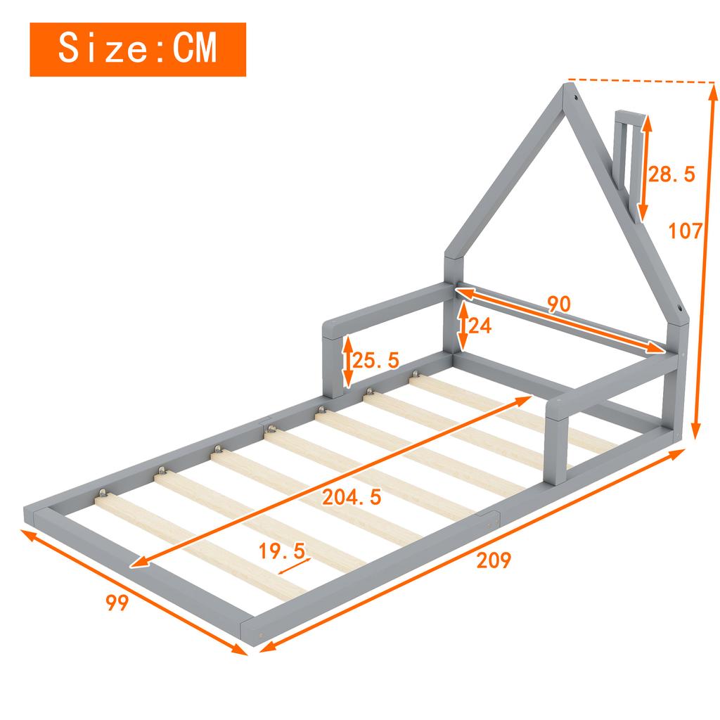 90*200cm Children's Bed, Low Bed, House Shape, Solid Pine, Simple Design, Gray