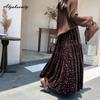 Korean Fashion Autumn Winter Women Velvet Skirt High Waist Floral Print Black Brown Midi Skirt Vintage Elegant Feminine Ruffles Skirt