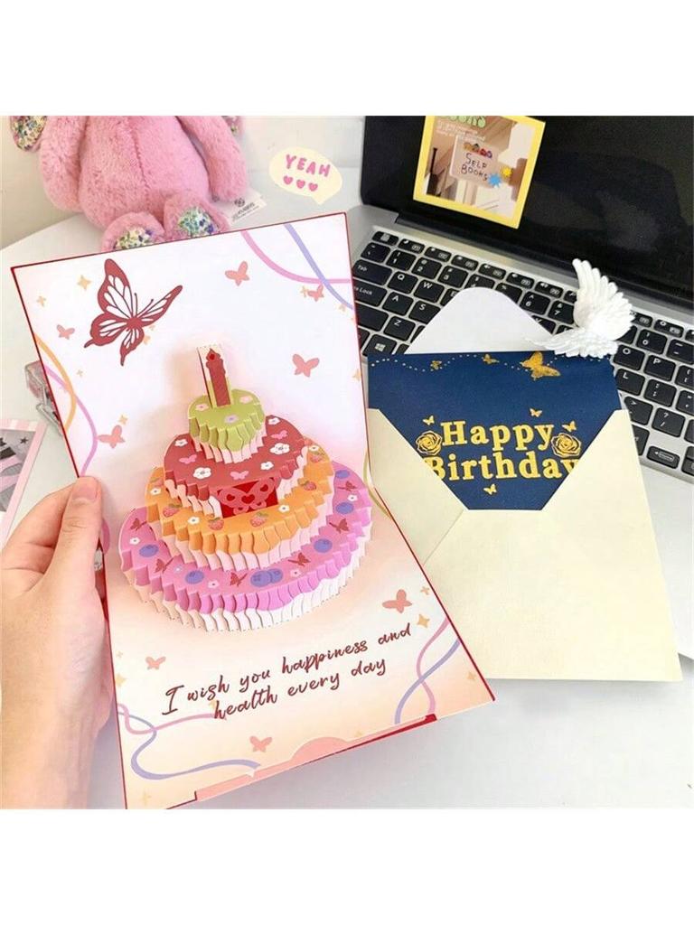 1Pc 3D Pop Up Birthday Cards,Butterfly And Cake Design,Birthday Pop Up Greeting Cards Laser Cut Happy Birthday Cards Including