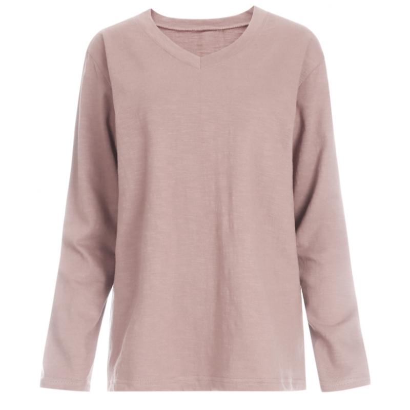 Shop Women Basic V Neck Slab CoTTon Long sleeVe T shirT Dai Wsh 1056 Dark Beig
