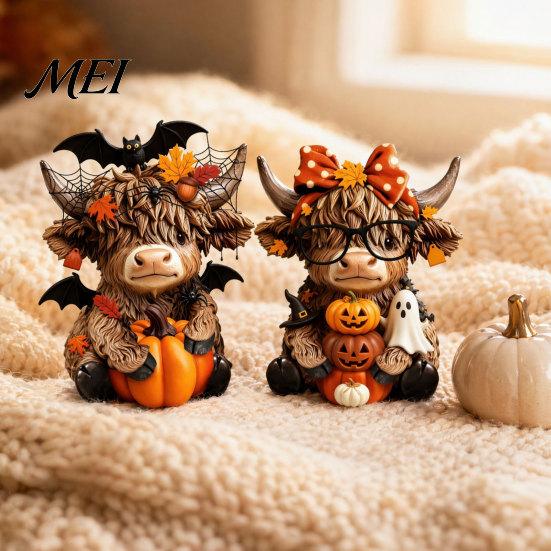 Country Home Ornament 2PCS Highland Cow Ornament, Wooden Rustic Style Figurine, Thanksgiving Base Theme Wood Art, for Entrance Living Room Decor Fine