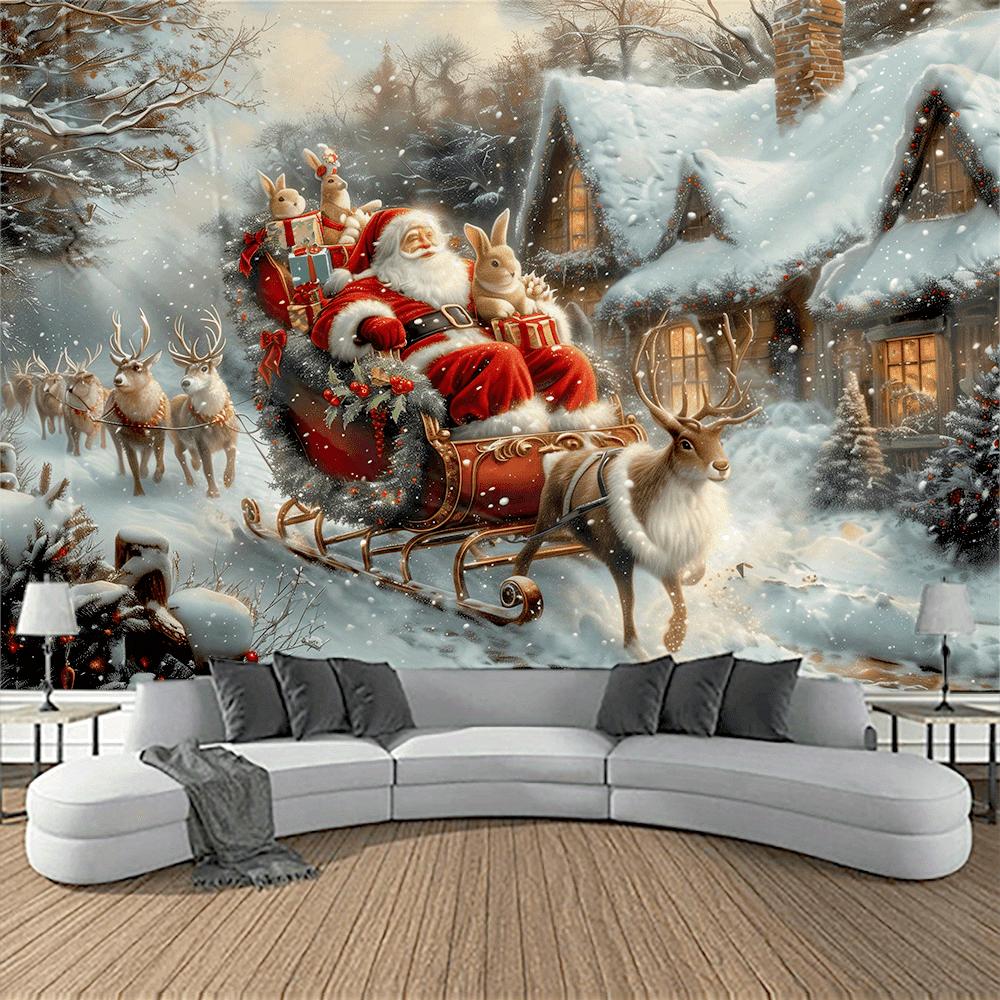 Santa on Sleigh Wall Tapestry Snowy Town Landscape Christmas Decor for Living Room Home Party