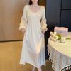 French pajamas women's ice silk spring and autumn sweet and sexy lace nightgown loungewear long over the knee