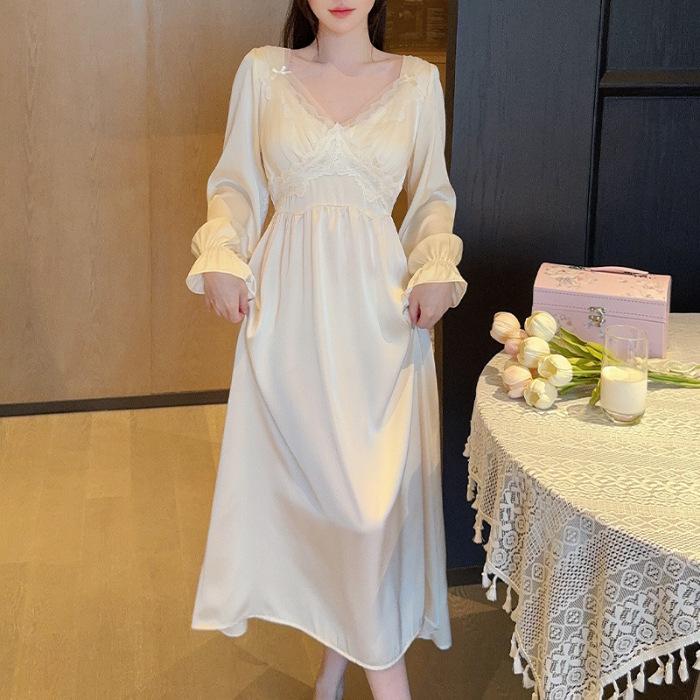 French pajamas women's ice silk spring and autumn sweet and sexy lace nightgown loungewear long over the knee