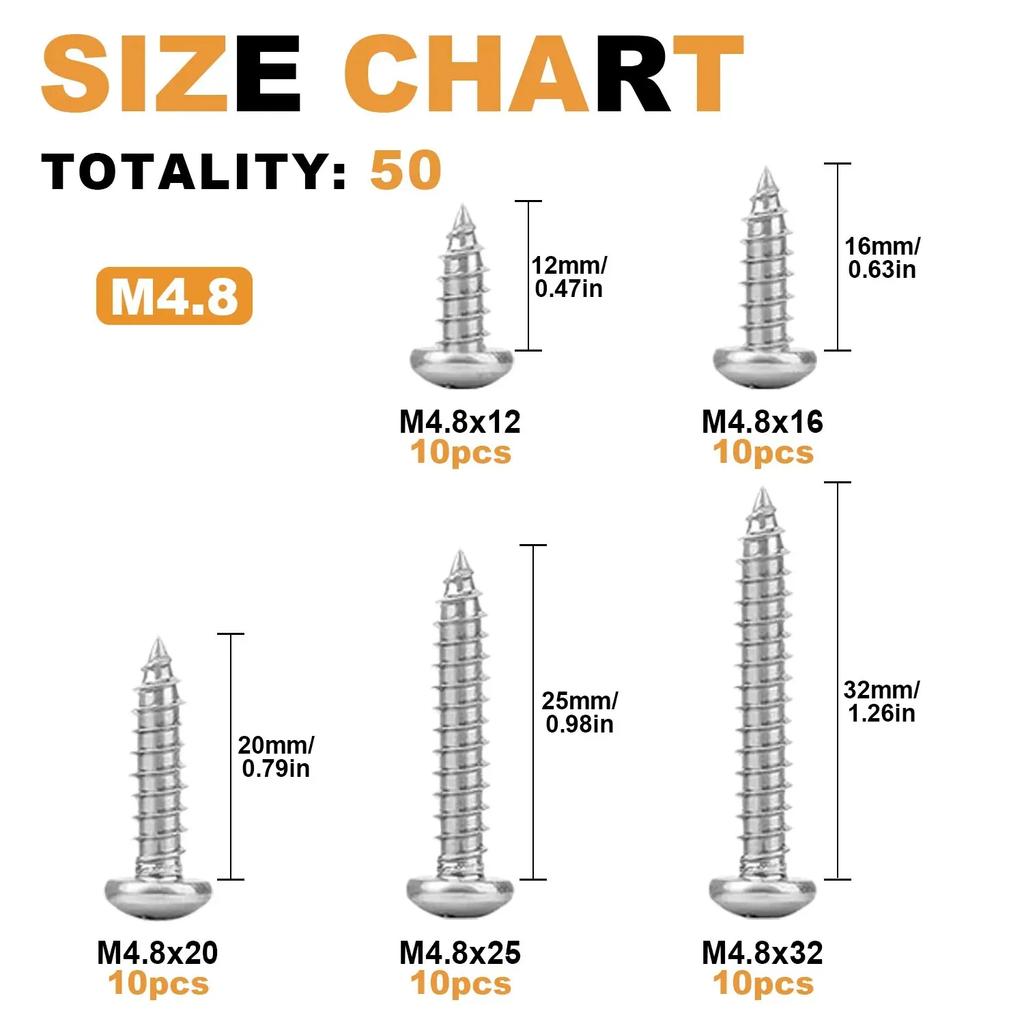 50 шурупов по дереву с полукруглой головкой и крестообразным шлицем из нержавеющей стали, M4.8X (12/16/20/25/35), саморезы
