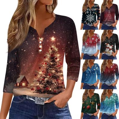 Женская модная повседневная футболка с принтом рождественской елки, V-образным вырезом, декоративными пуговицами и рукавом три четверти