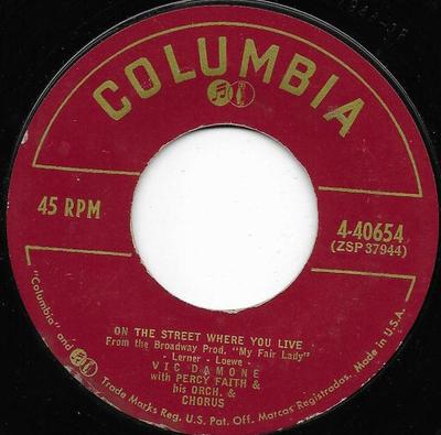 7-дюймовая пластинка VIC DAMONE - On The Street Where You Live 440654 Columbia 1956 US Pop Б/у