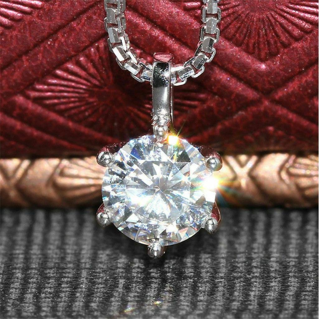 Six Prong Single Big Round Faceted Stone Pendant Women Box Link Chain Clavicle Necklace