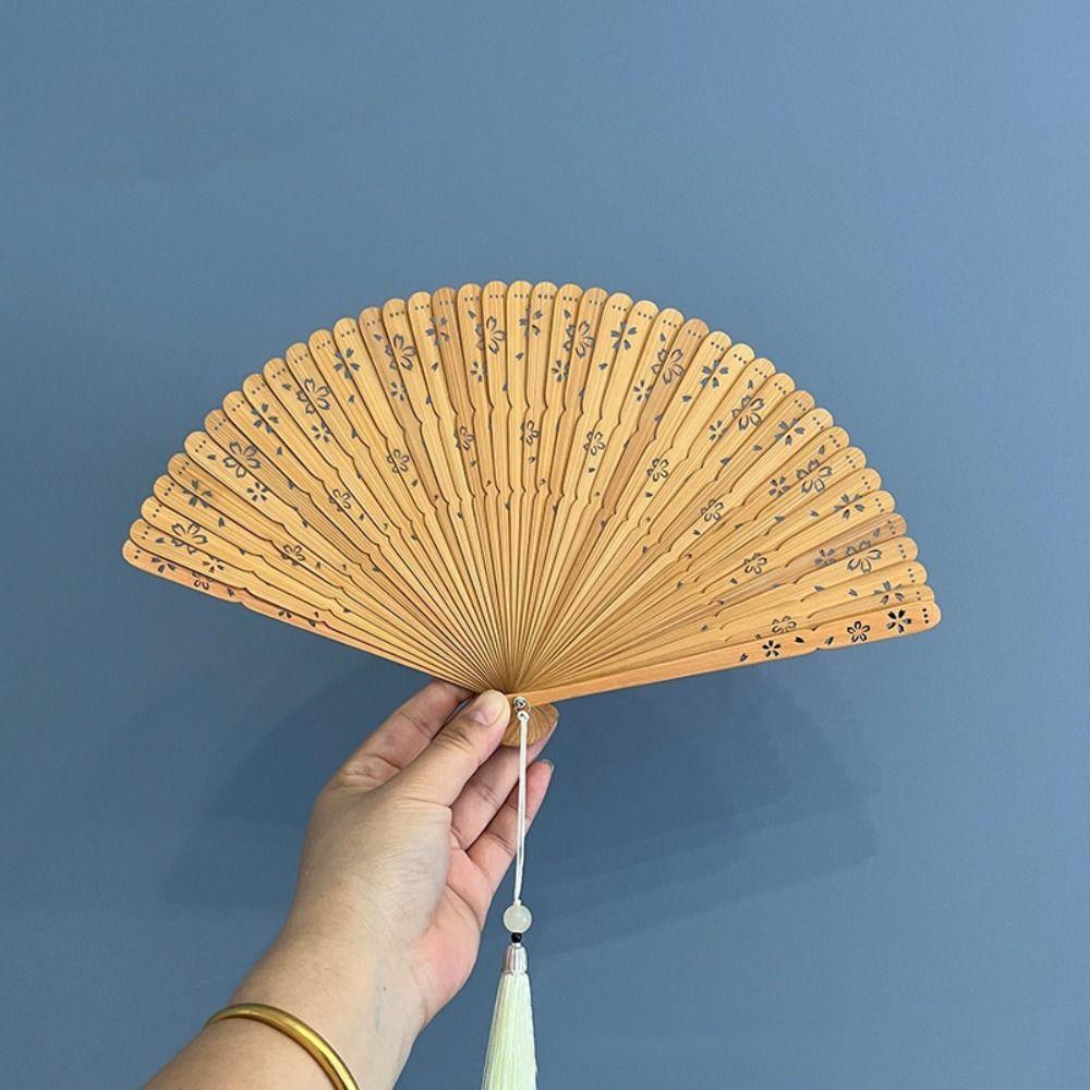 Sakura Folding Bamboo Fan Solid Color Kimono Fan Lightweight Tassel Folding Fan Lady Dance Props