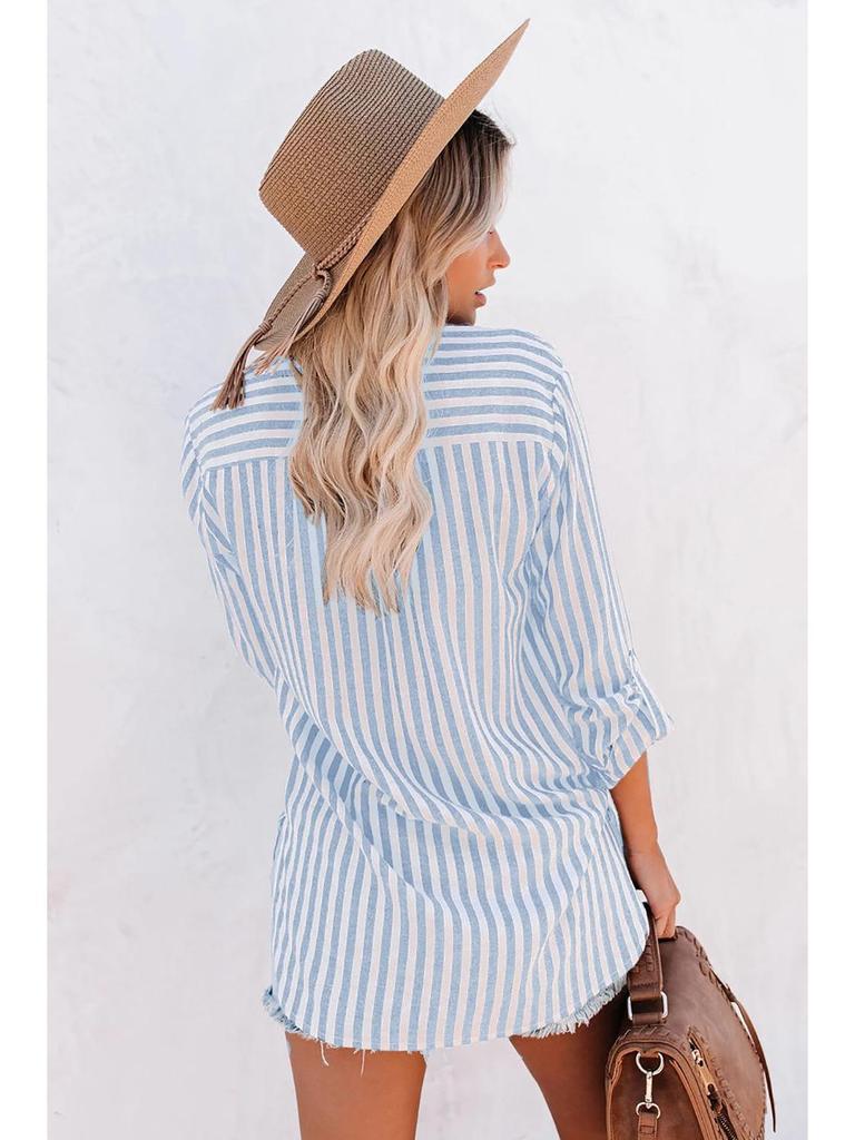 2024 Spring/Summer Women's Striped Cotton-Polyester Long-Sleeve Shirt