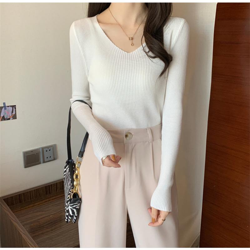 Новый V-образный вырез, облегающий, универсальный, короткий, однотонный, с длинными рукавами, свитер, вязаный снизу, свитер для женщин