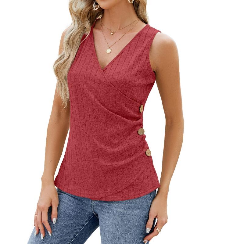 Women's Summer Button-up Fashion Sleeveless T-shirt V-neck Pleated Vest Top