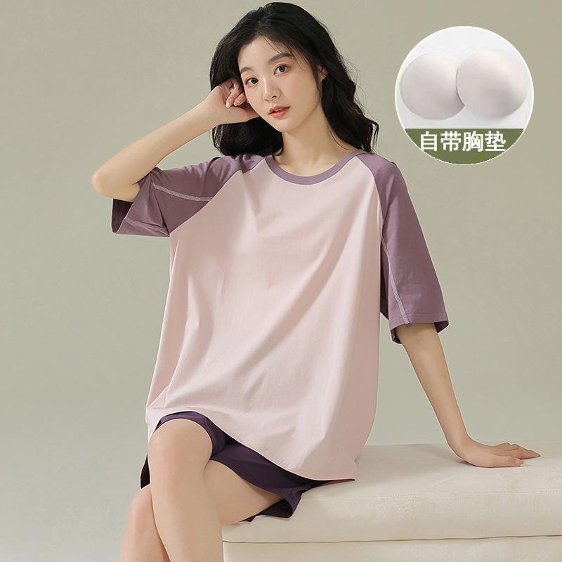 Summer Modal with chest pad short-sleeved shorts new pajamas women's casual loose and simple loungewear