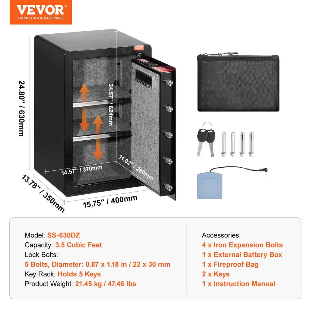 VEVOR Single Door 3.5 cu.ft Safe Box with Key Lock & Password, Safe Lock Box with Fireproof Bag, Key Rack, LED Light, and 2 Shelves for Money