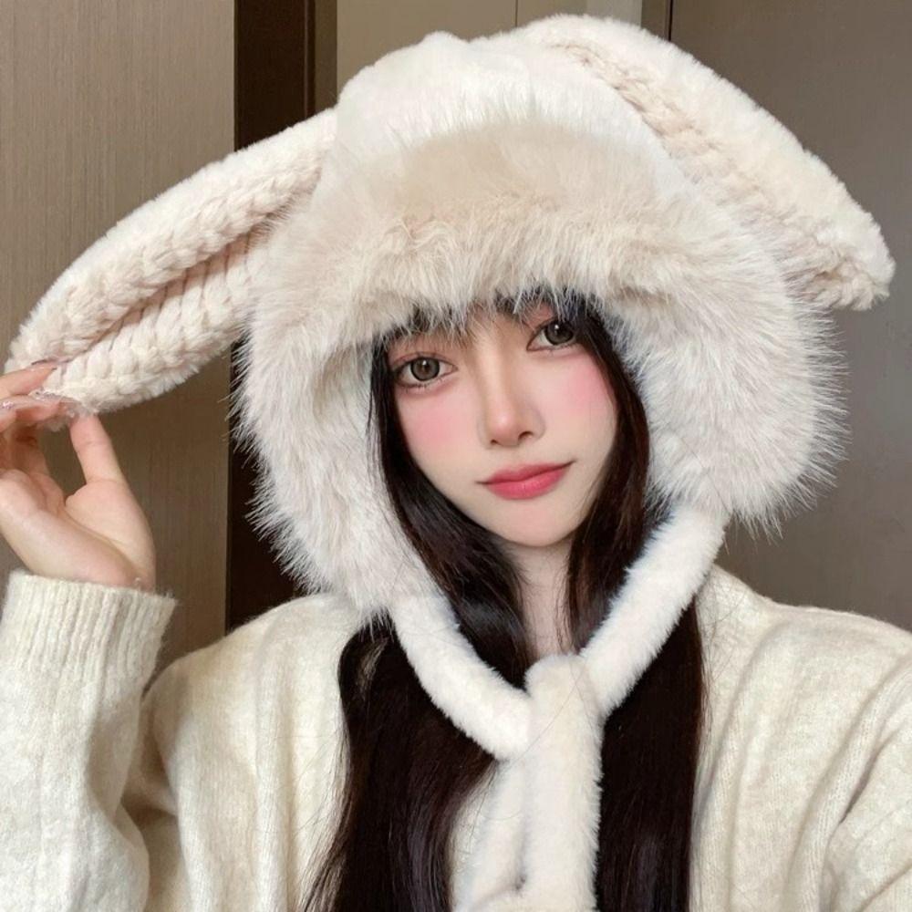 Winter Plush Ear Protection Hat Warm Bucket Hat New Big Rabbit Ears Hat Women