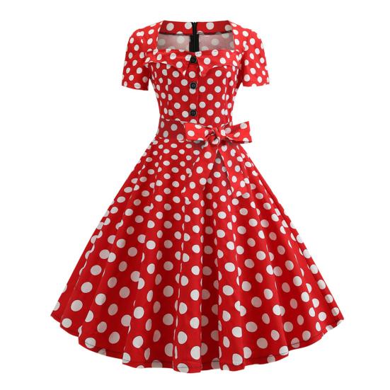 Women Dress Square Neck Short Sleeve Retro 1950s A-line Big Hem Button Decor Dot Print Color Matching Mid Waist Belted Bow Decor Midi Dress