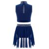 Children’s Sparkle Rhinestone Sleeveless Mock Neck Top Keyhole Back and Ruched Irregular Skirt for Dance Show Practice