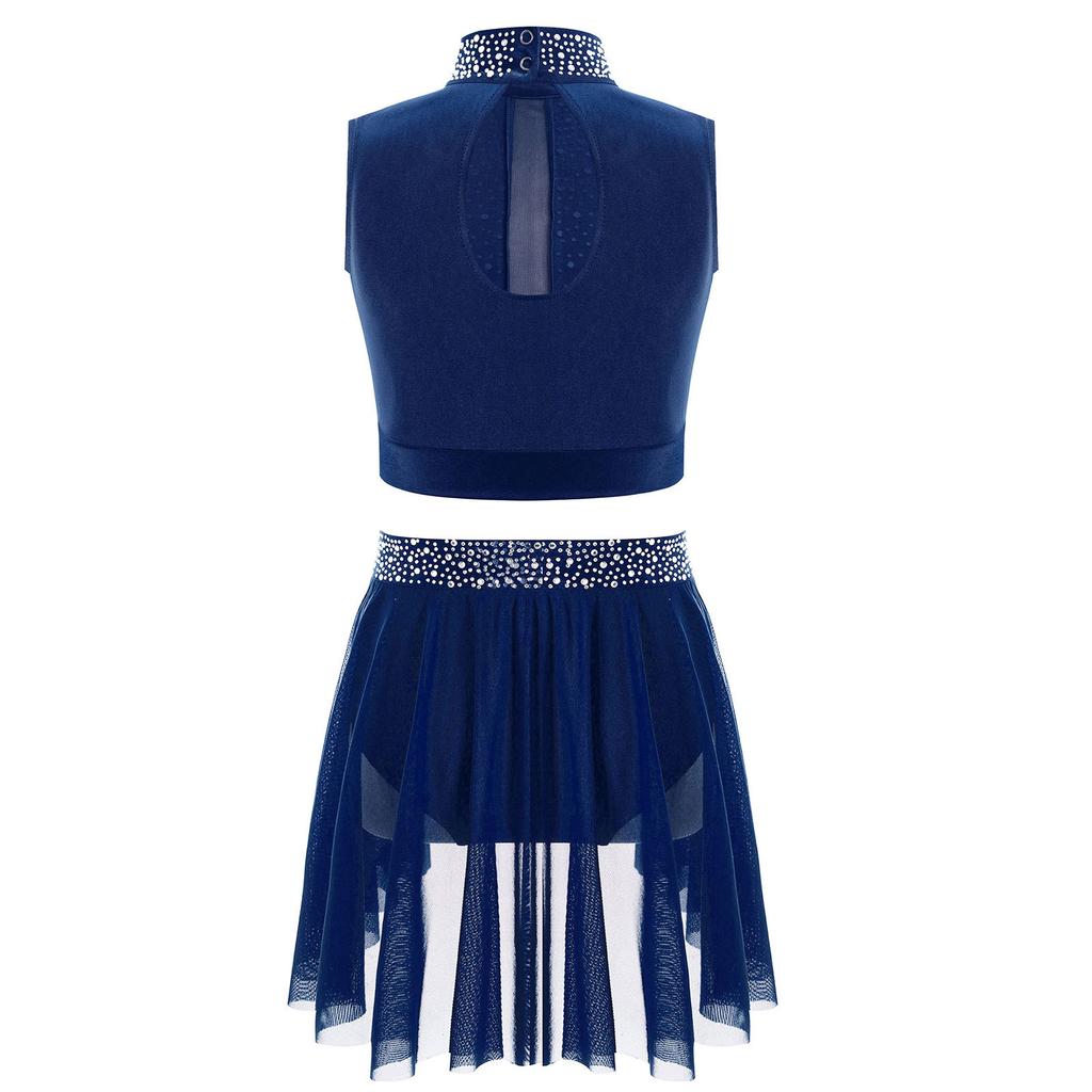 Children’s Sparkle Rhinestone Sleeveless Mock Neck Top Keyhole Back and Ruched Irregular Skirt for Dance Show Practice