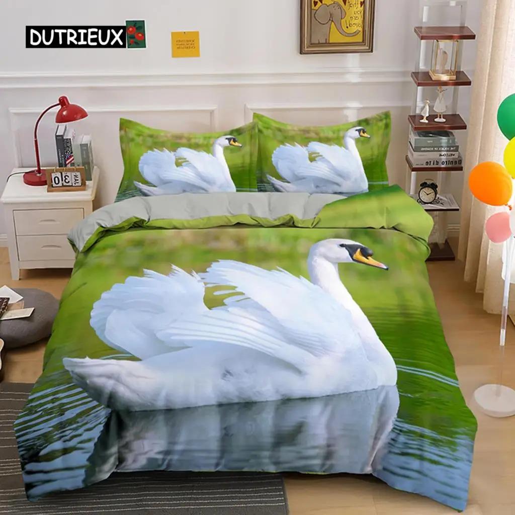 Swan Duvet Cover King Queen Beautiful Elegant White Animal Bedding Set Kid Teens Adults Wildlife Lake Soft Polyester Quilt Cover